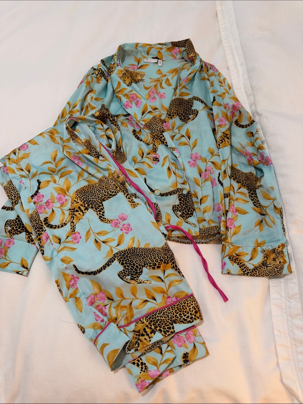 ASOS Light Blue Leopard & Floral Pajama Set with Pink Trim